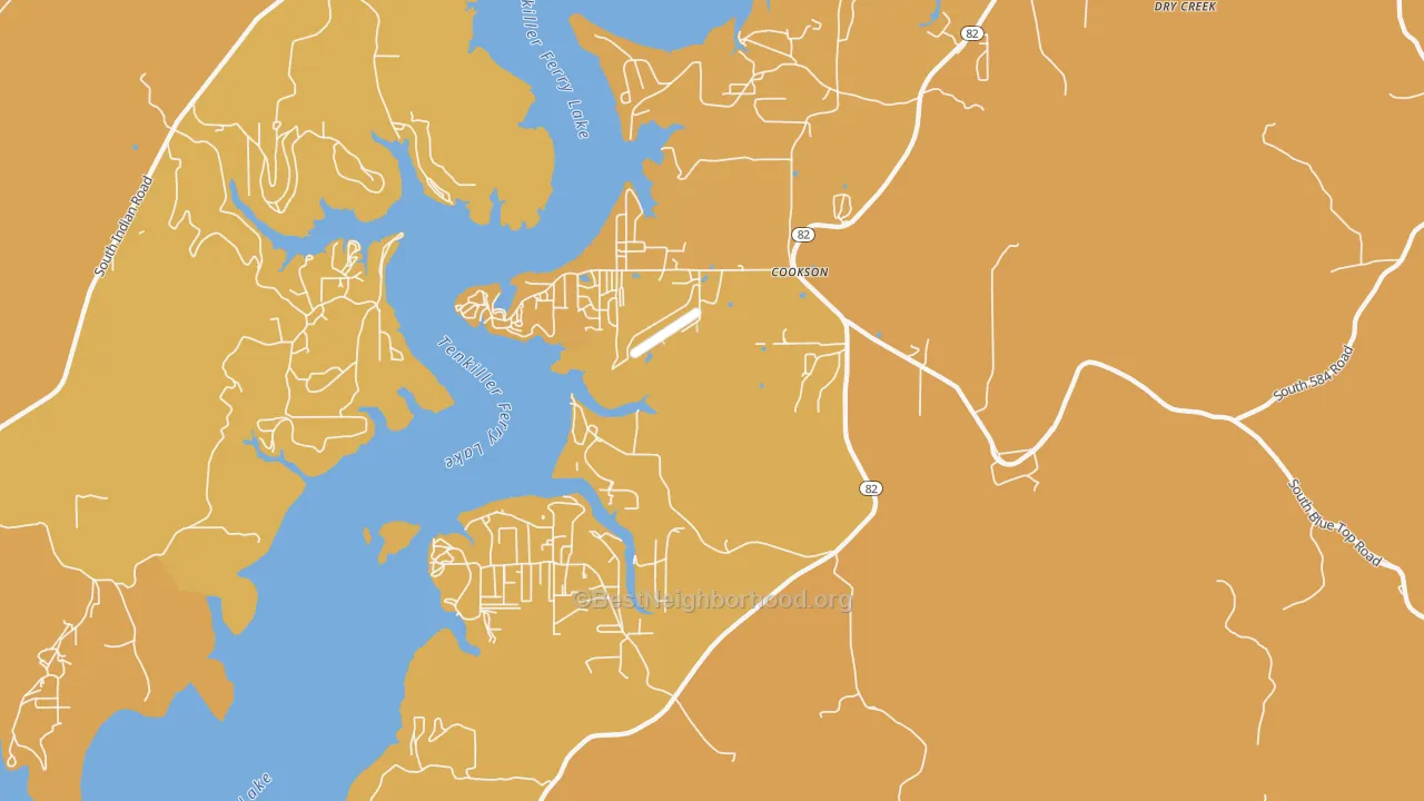 Map of the best neighborhoods in the 74427 area, with better matches in green and worse matches in red