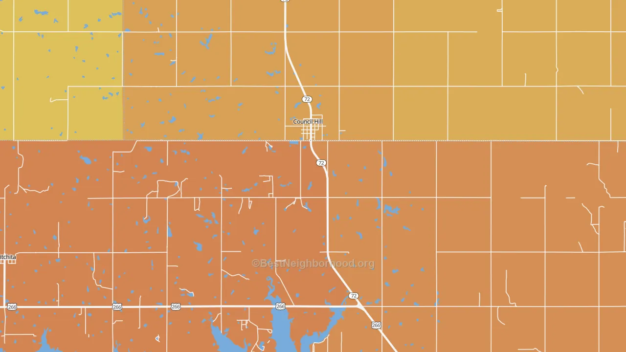 Map of the best neighborhoods in the 74428 area, with better matches in green and worse matches in red
