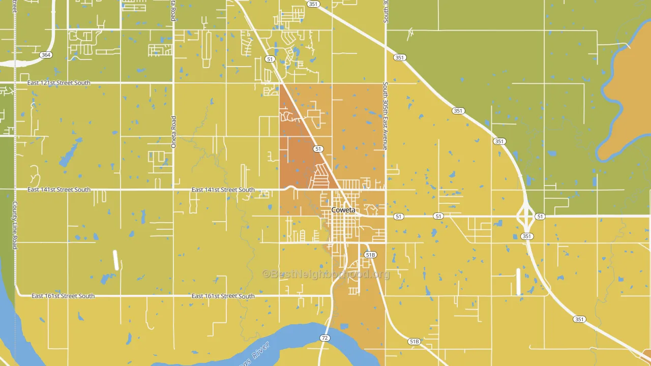 Map of the best neighborhoods in the 74429 area, with better matches in green and worse matches in red