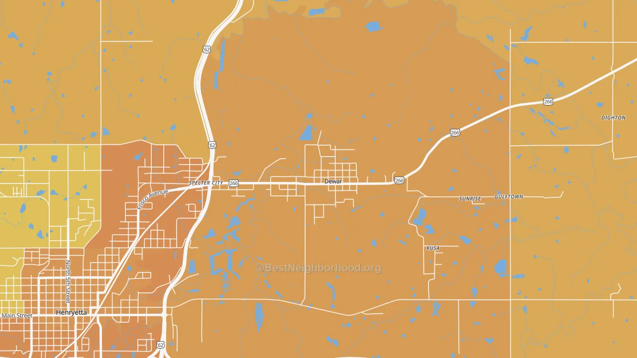 Map of the best neighborhoods in the 74431 area, with better matches in green and worse matches in red