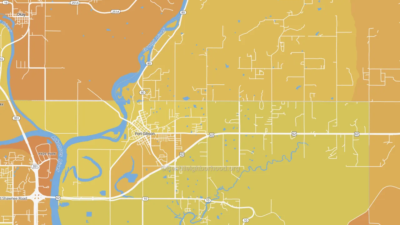 Map of the best neighborhoods in the 74434 area, with better matches in green and worse matches in red