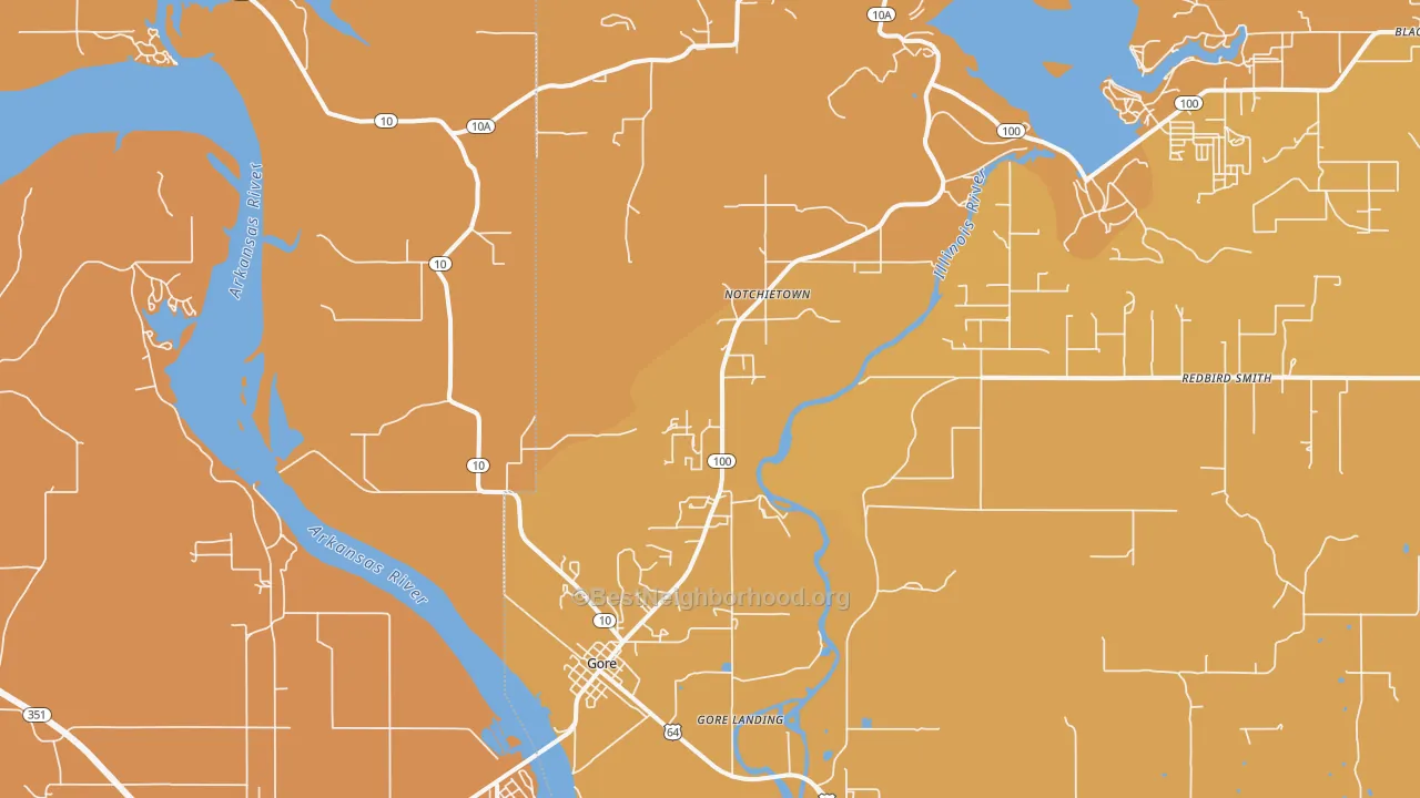 Map of the best neighborhoods in the 74435 area, with better matches in green and worse matches in red