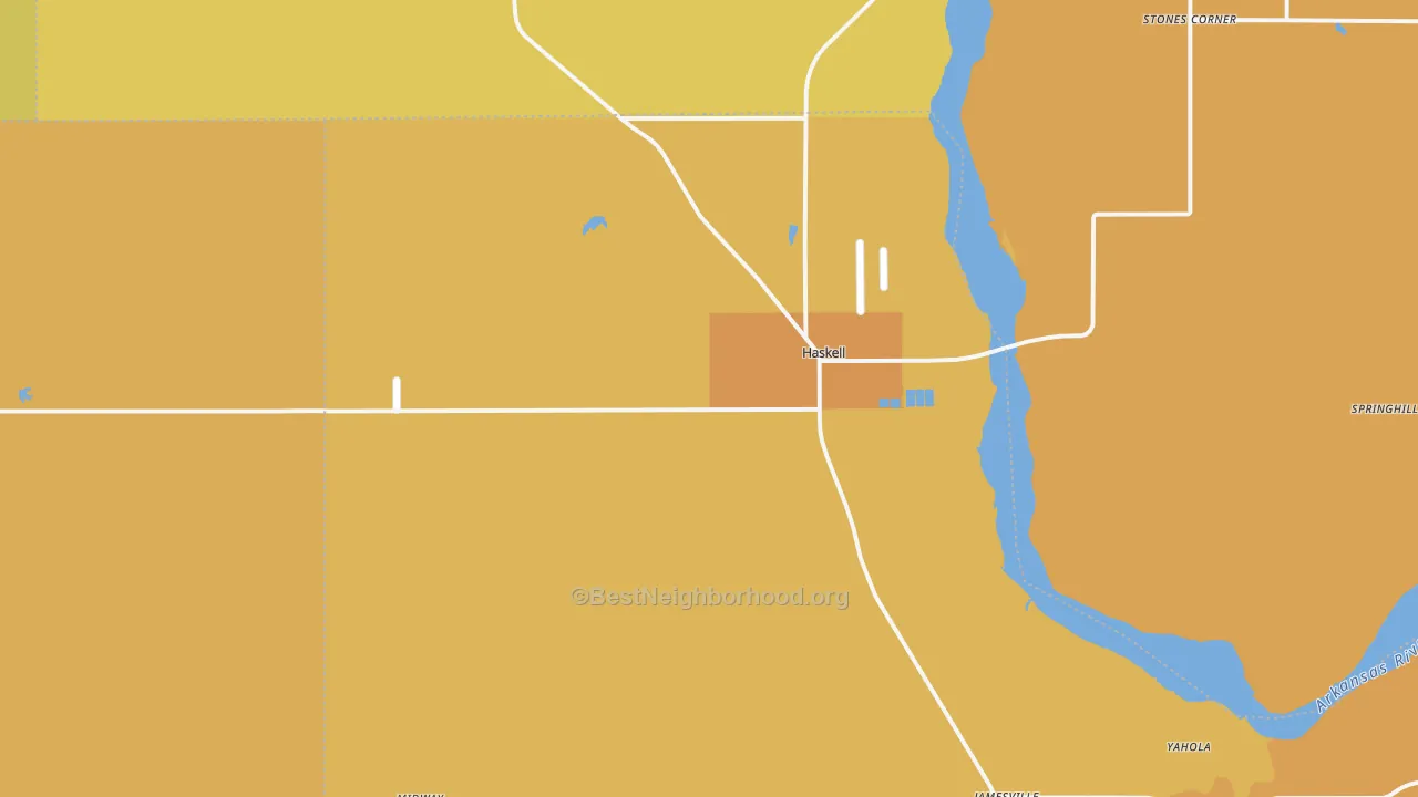Map of the best neighborhoods in the 74436 area, with better matches in green and worse matches in red