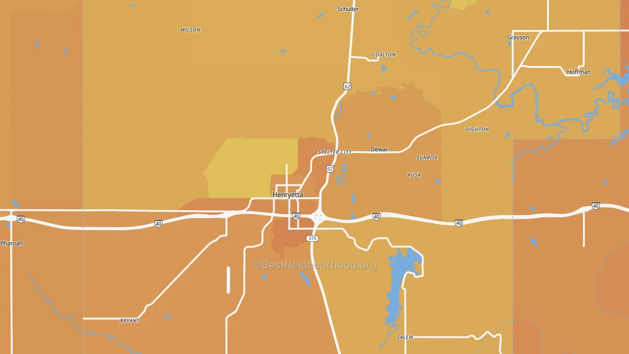 Map of the best neighborhoods in the 74437 area, with better matches in green and worse matches in red
