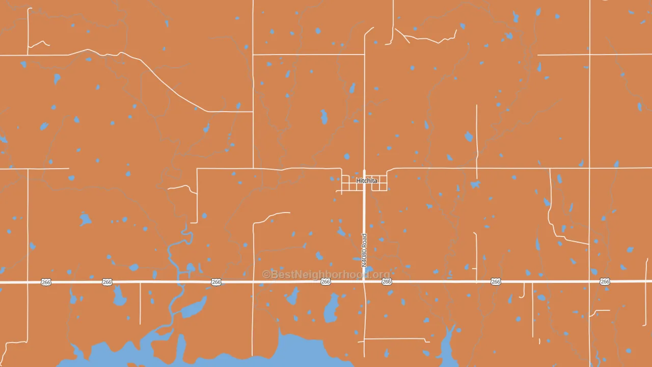 Map of the best neighborhoods in the 74438 area, with better matches in green and worse matches in red