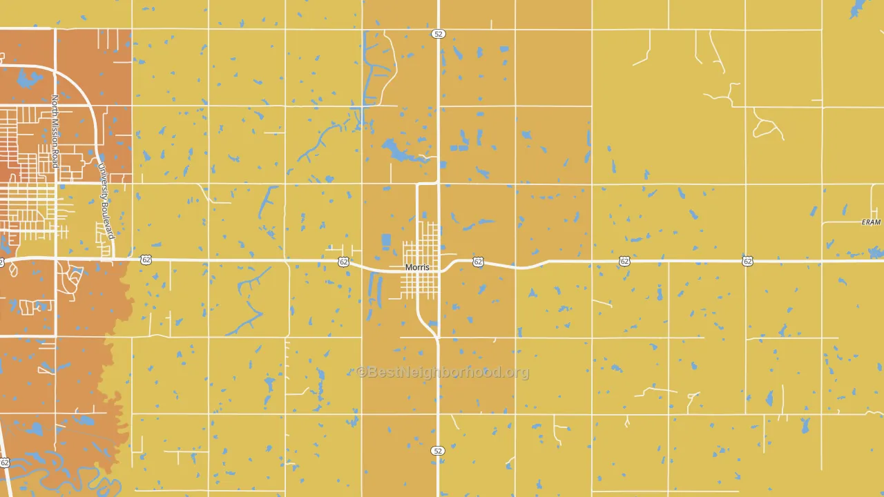Map of the best neighborhoods in the 74445 area, with better matches in green and worse matches in red