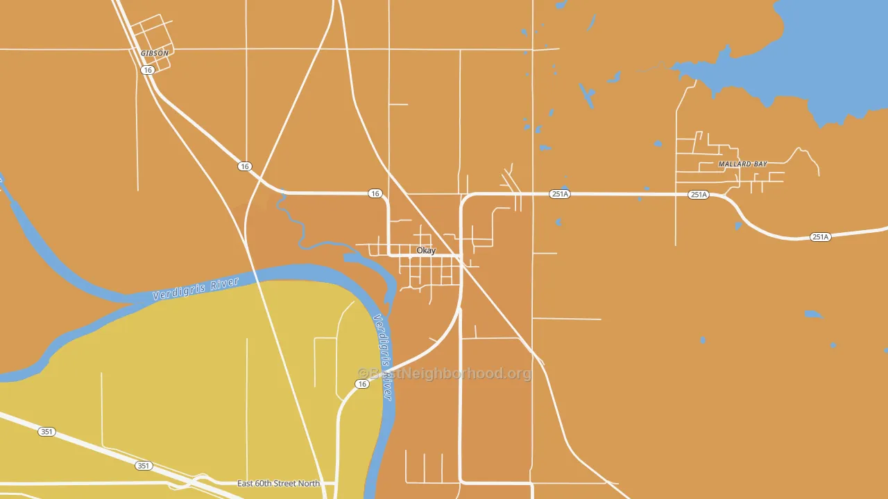 Map of the best neighborhoods in the 74446 area, with better matches in green and worse matches in red