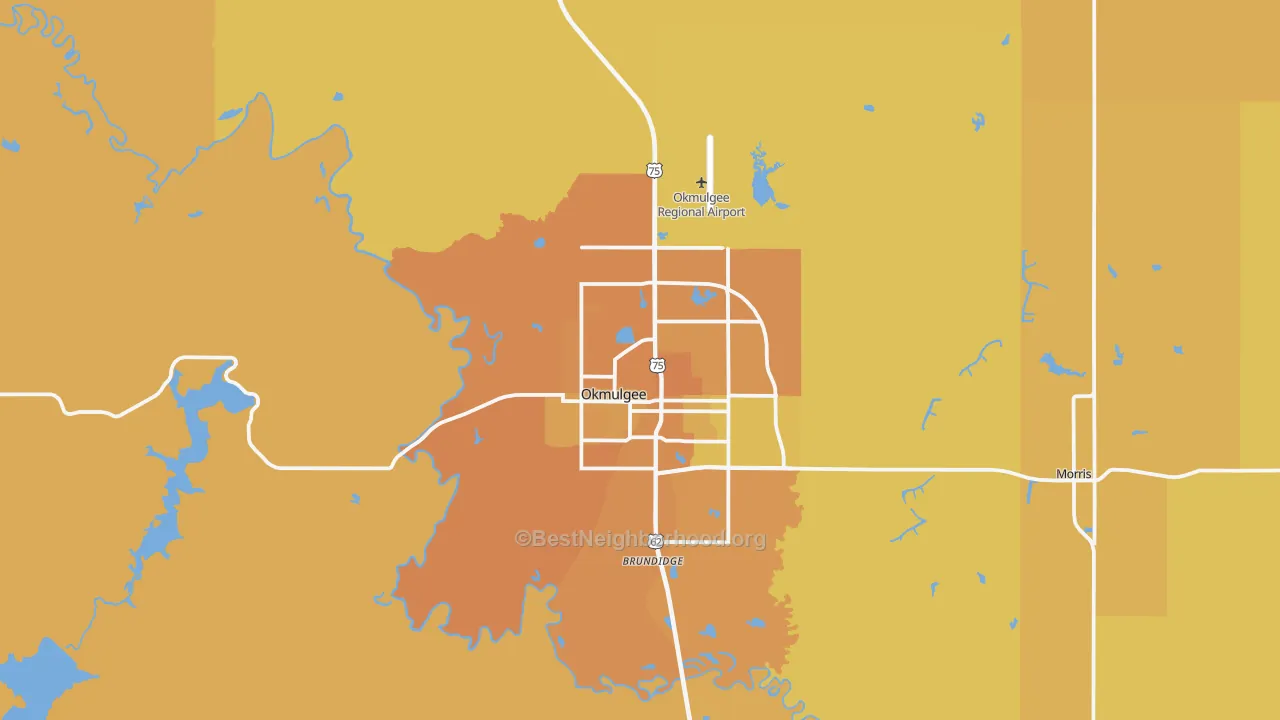 Map of the best neighborhoods in the 74447 area, with better matches in green and worse matches in red