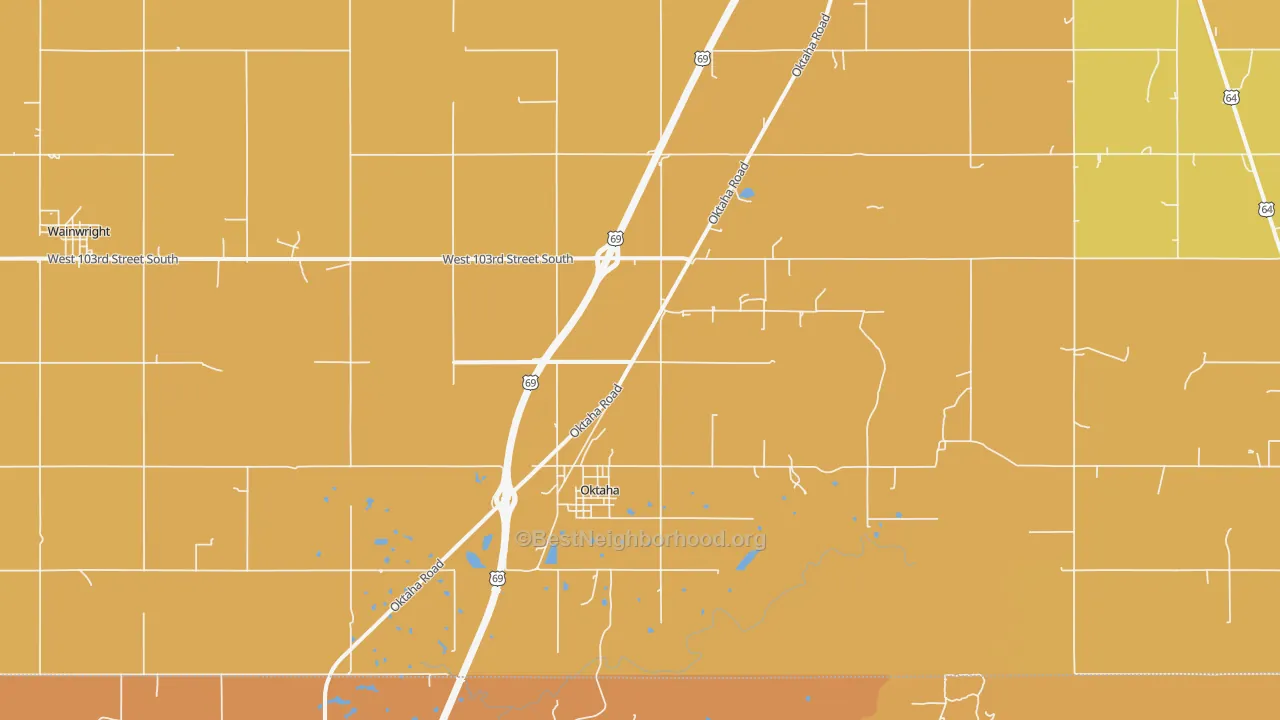 Map of the best neighborhoods in the 74450 area, with better matches in green and worse matches in red