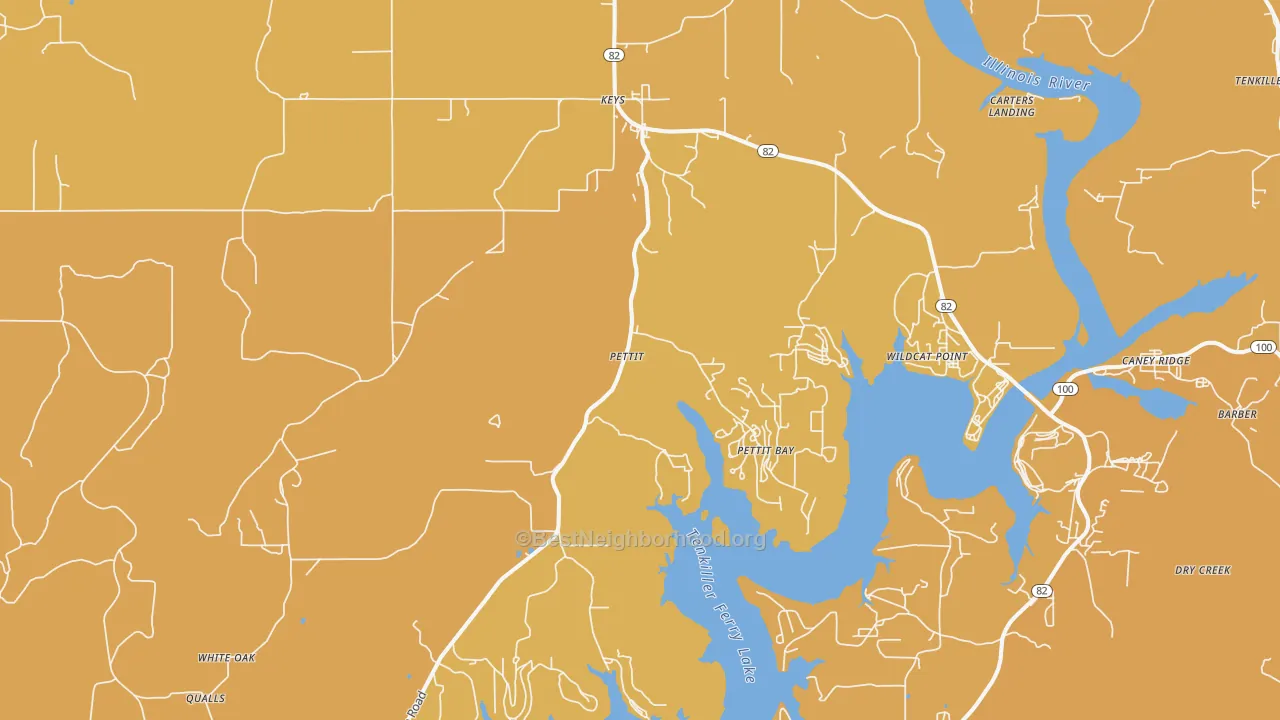 Map of the best neighborhoods in the 74451 area, with better matches in green and worse matches in red