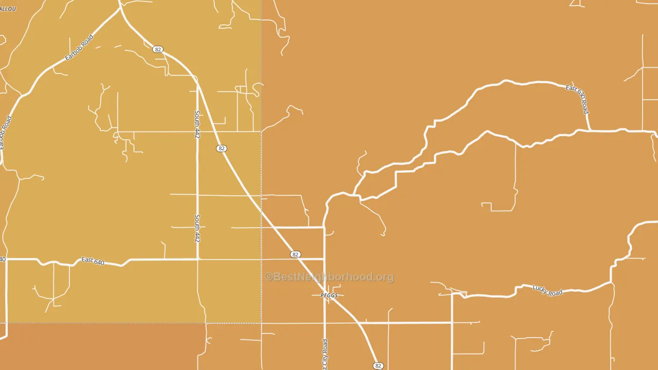 Map of the best neighborhoods in the 74452 area, with better matches in green and worse matches in red
