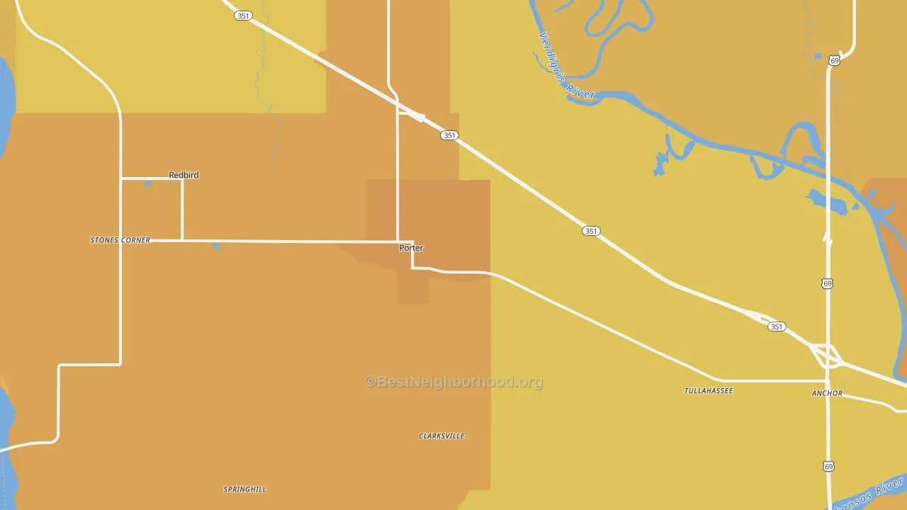 Map of the best neighborhoods in the 74454 area, with better matches in green and worse matches in red