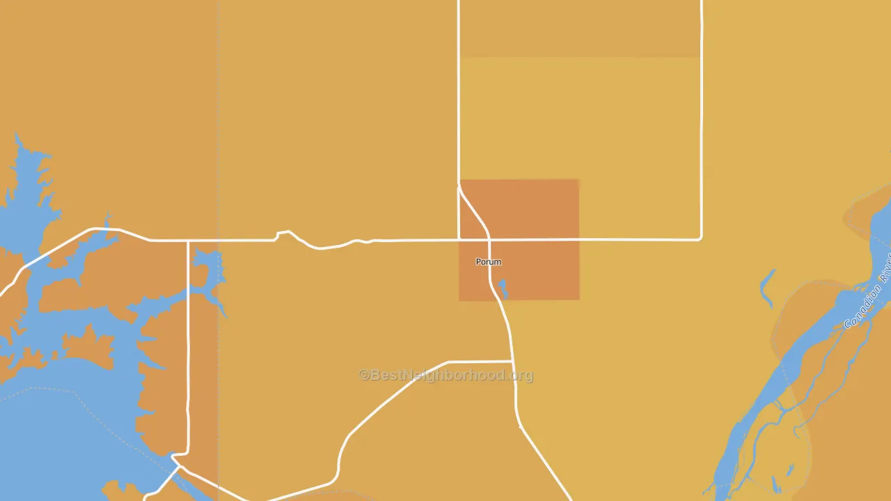 Map of the best neighborhoods in the 74455 area, with better matches in green and worse matches in red
