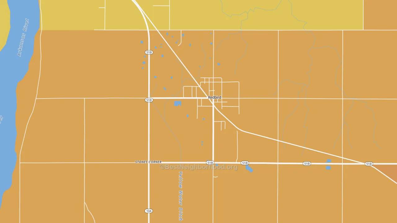 Map of the best neighborhoods in the 74458 area, with better matches in green and worse matches in red