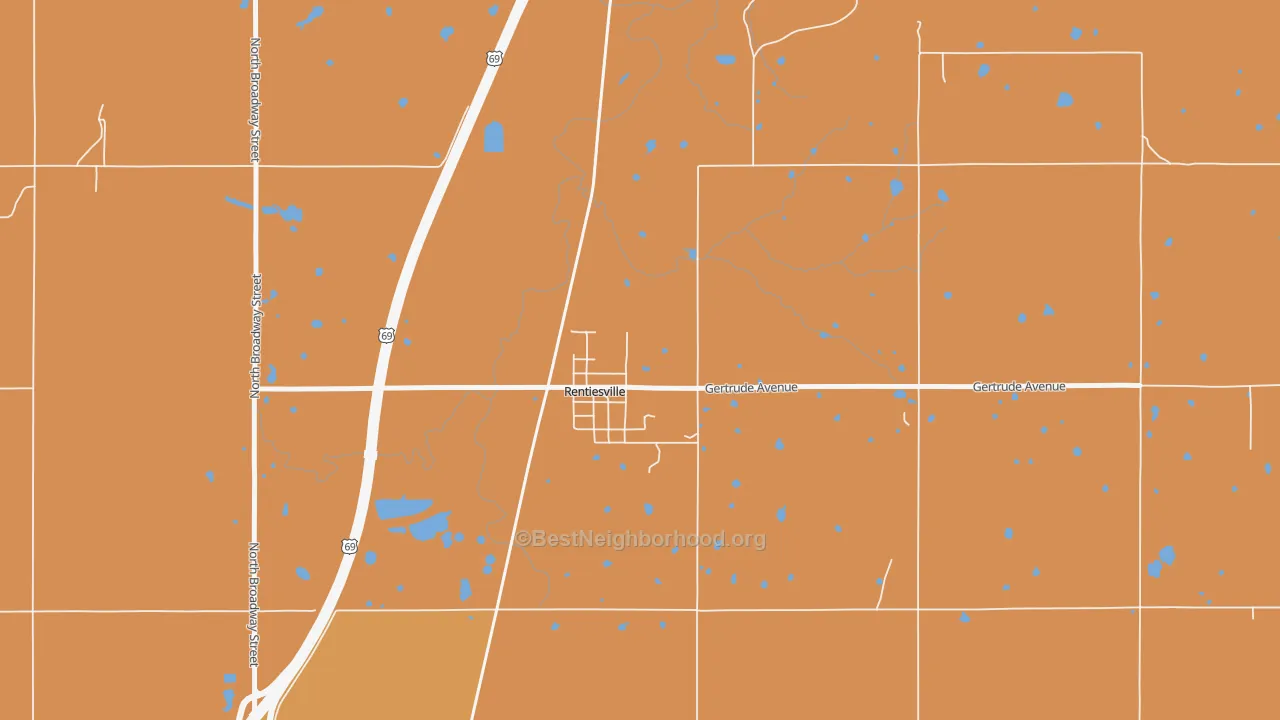 Map of the best neighborhoods in the 74459 area, with better matches in green and worse matches in red
