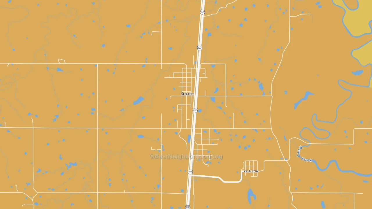 Map of the best neighborhoods in the 74460 area, with better matches in green and worse matches in red