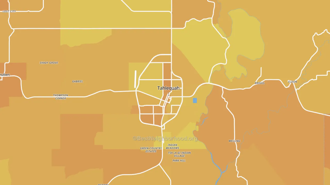Map of the best neighborhoods in the 74464 area, with better matches in green and worse matches in red