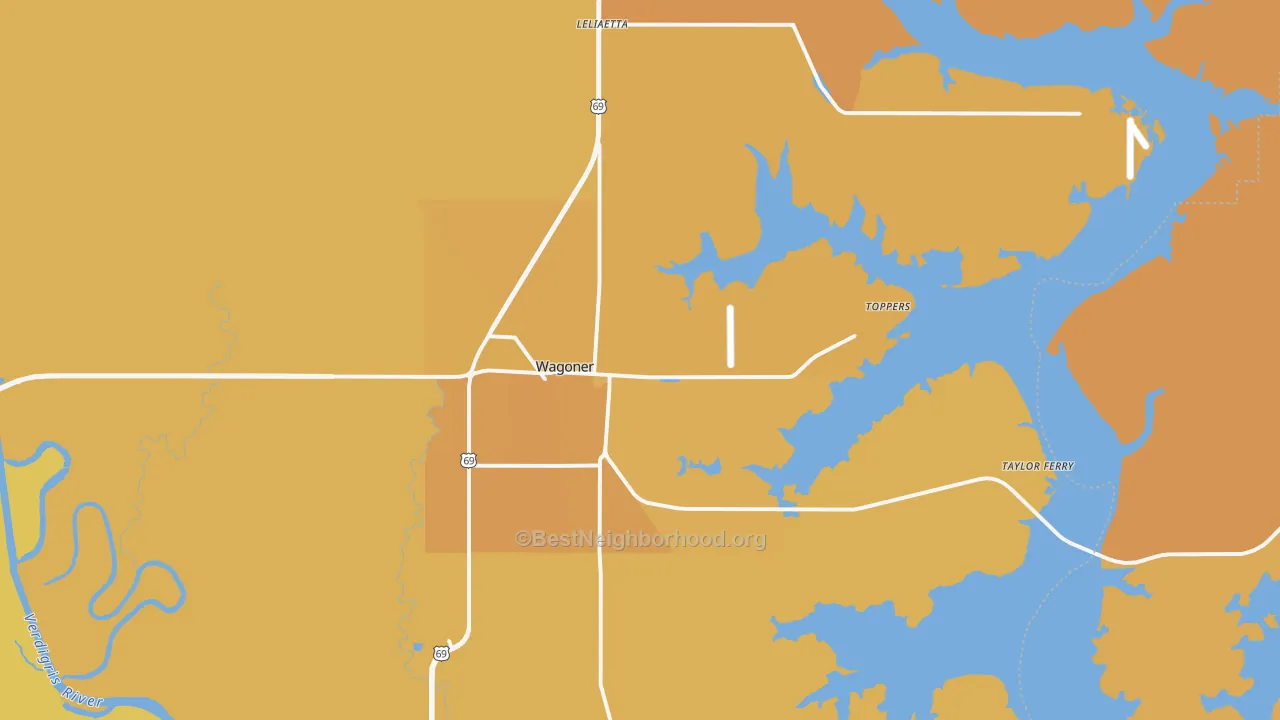 Map of the best neighborhoods in the 74467 area, with better matches in green and worse matches in red