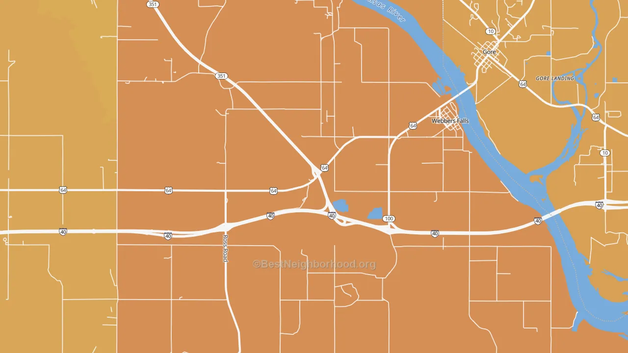 Map of the best neighborhoods in the 74470 area, with better matches in green and worse matches in red