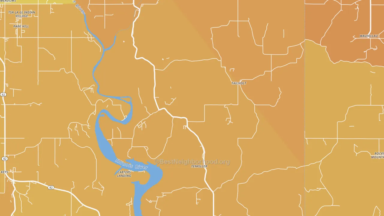 Map of the best neighborhoods in the 74471 area, with better matches in green and worse matches in red