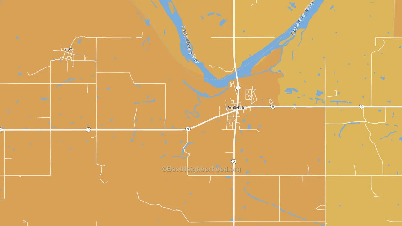 Map of the best neighborhoods in the 74472 area, with better matches in green and worse matches in red