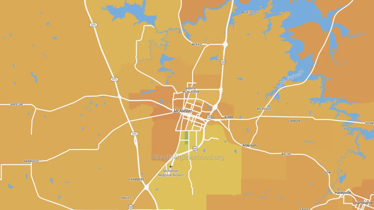 Map of the best neighborhoods in the 74501 area, with better matches in green and worse matches in red