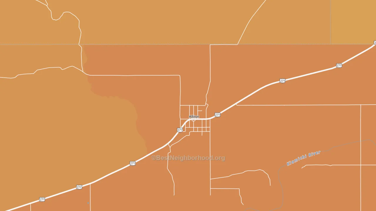 Map of the best neighborhoods in the 74521 area, with better matches in green and worse matches in red