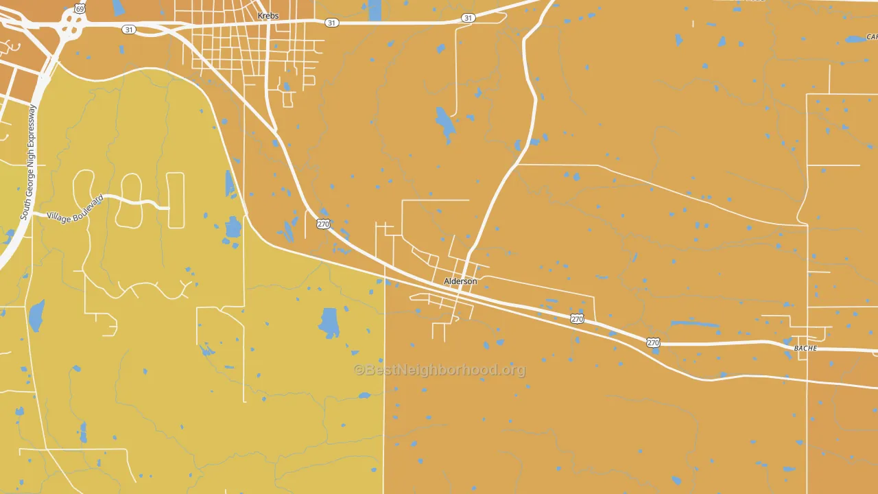 Map of the best neighborhoods in the 74522 area, with better matches in green and worse matches in red