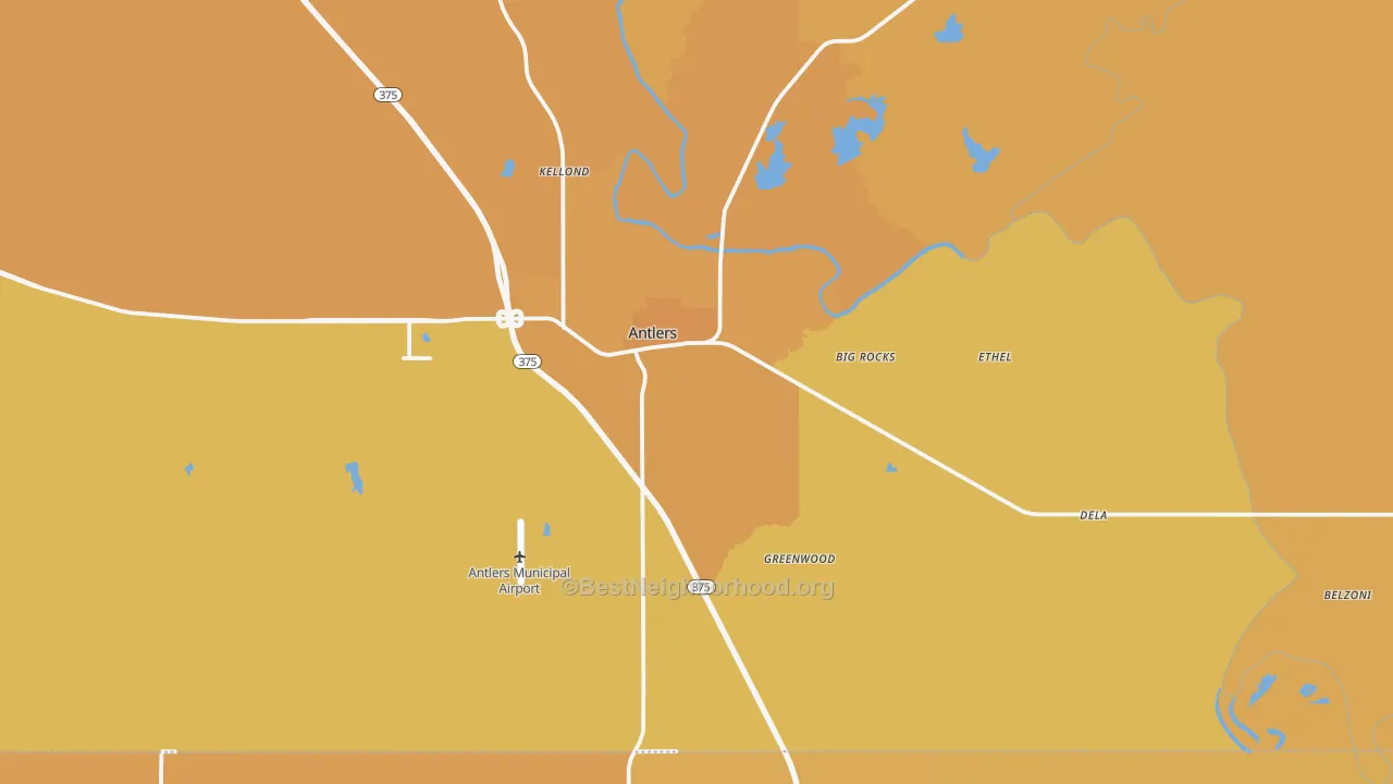 Map of the best neighborhoods in the 74523 area, with better matches in green and worse matches in red