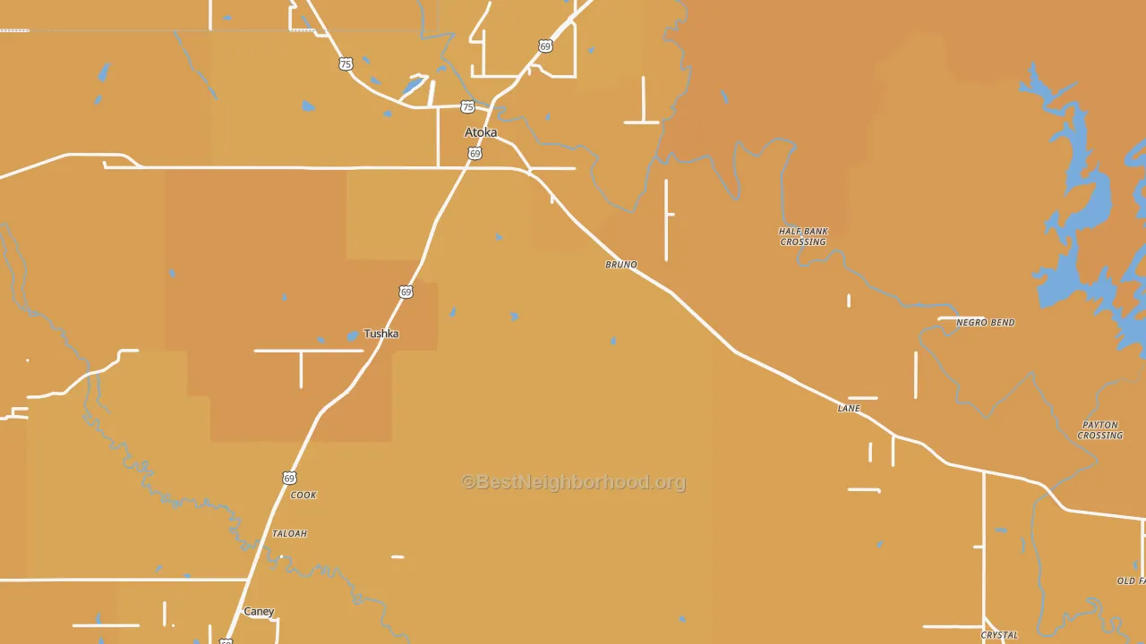 Map of the best neighborhoods in the 74525 area, with better matches in green and worse matches in red