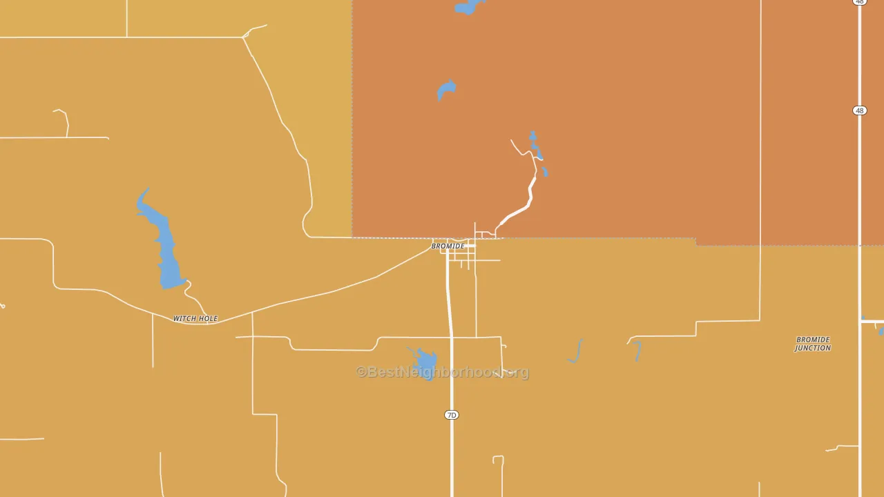 Map of the best neighborhoods in the 74530 area, with better matches in green and worse matches in red