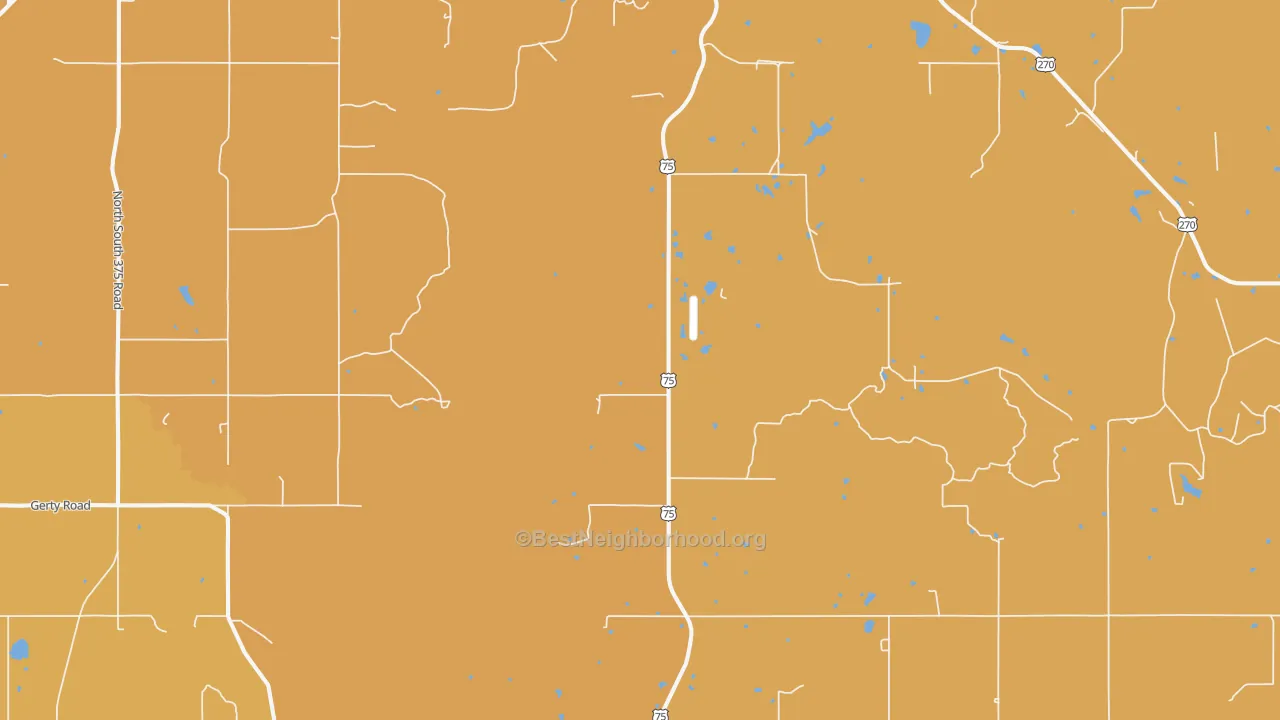 Map of the best neighborhoods in the 74531 area, with better matches in green and worse matches in red
