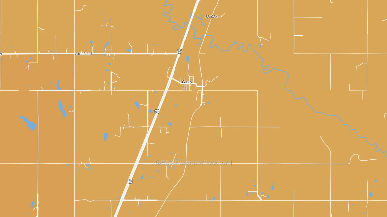 Map of the best neighborhoods in the 74533 area, with better matches in green and worse matches in red