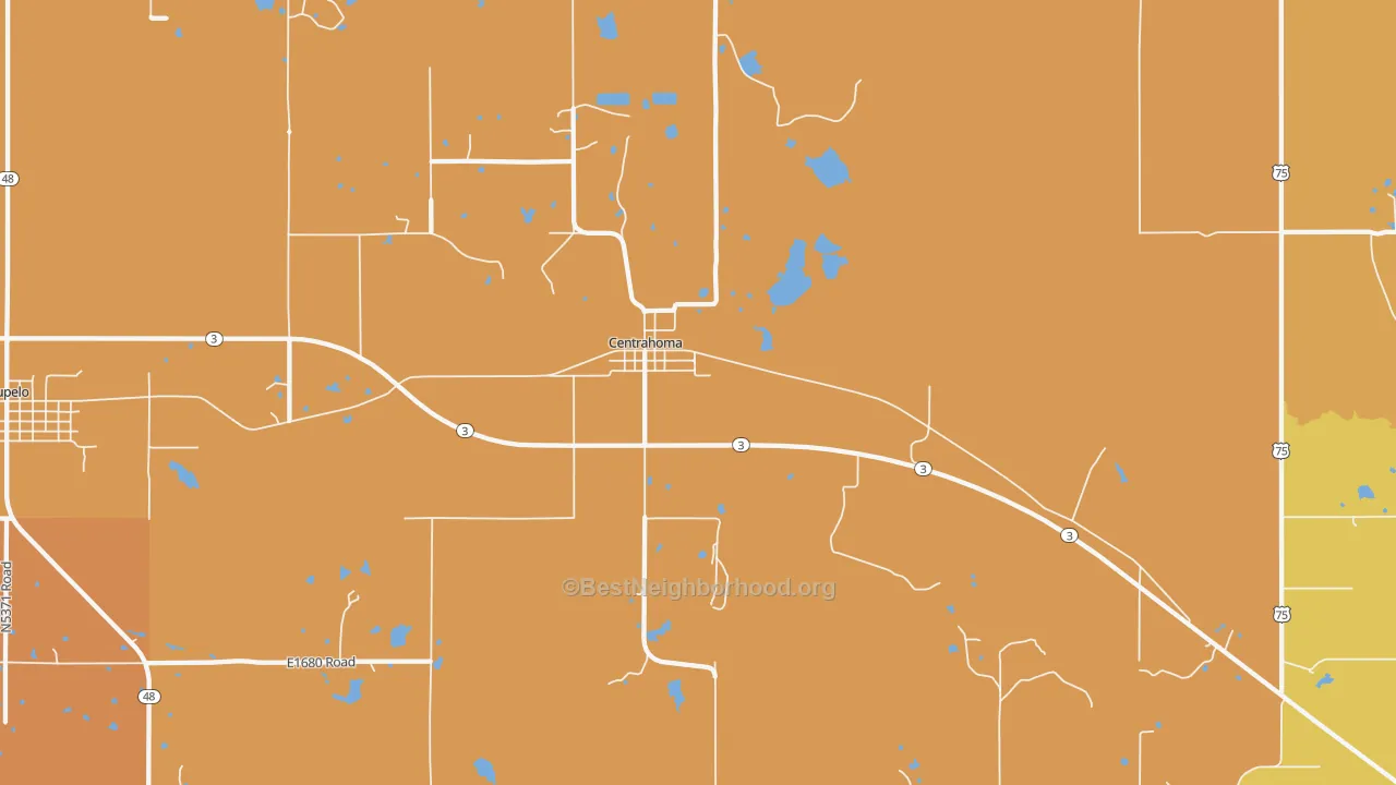 Map of the best neighborhoods in the 74534 area, with better matches in green and worse matches in red