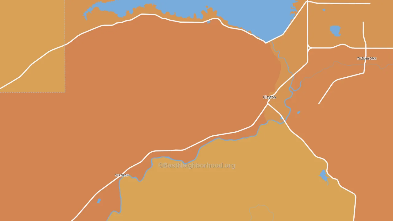 Map of the best neighborhoods in the 74536 area, with better matches in green and worse matches in red
