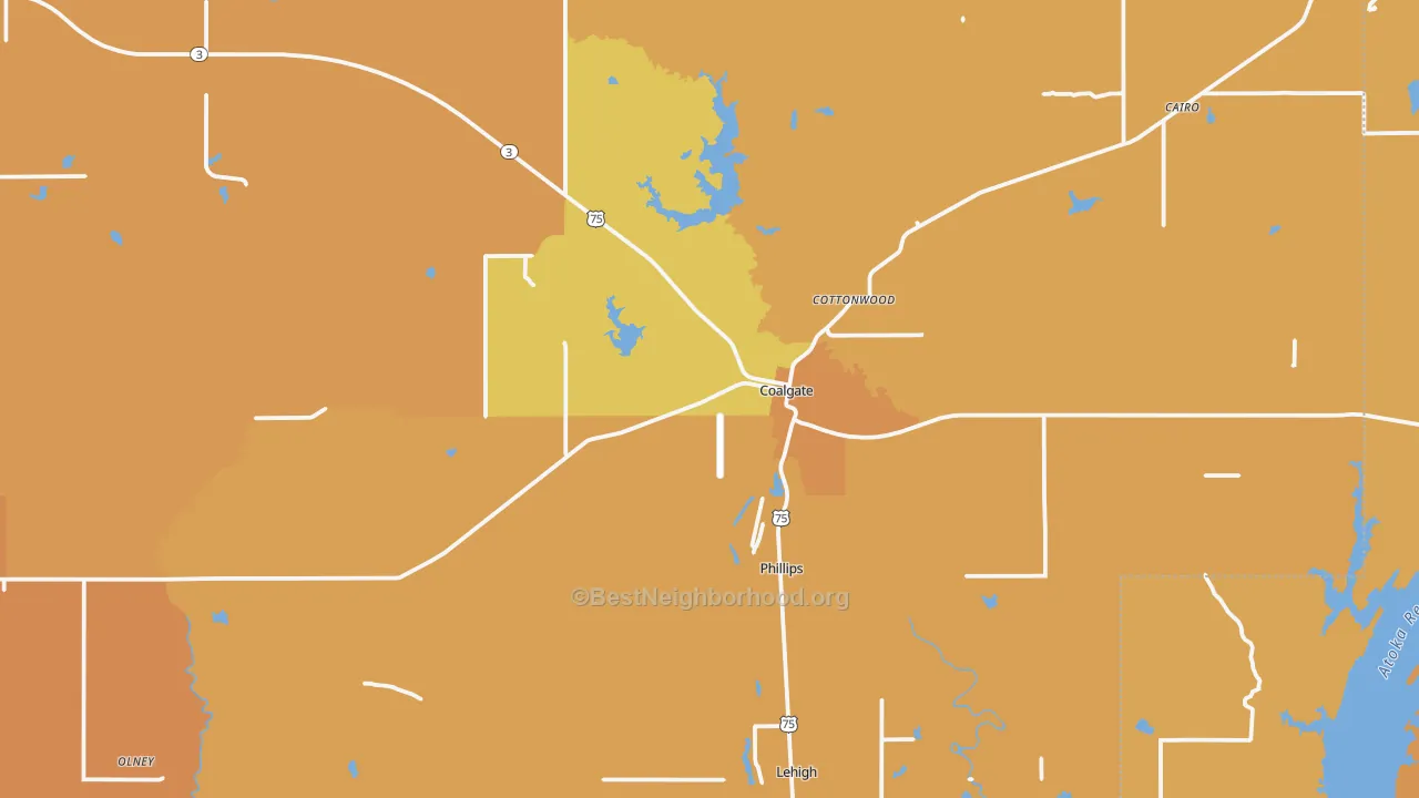 Map of the best neighborhoods in the 74538 area, with better matches in green and worse matches in red