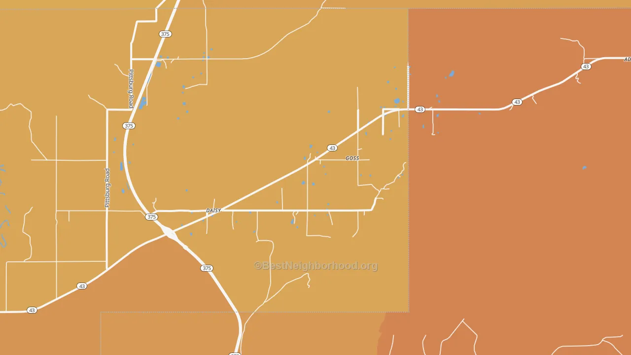 Map of the best neighborhoods in the 74540 area, with better matches in green and worse matches in red
