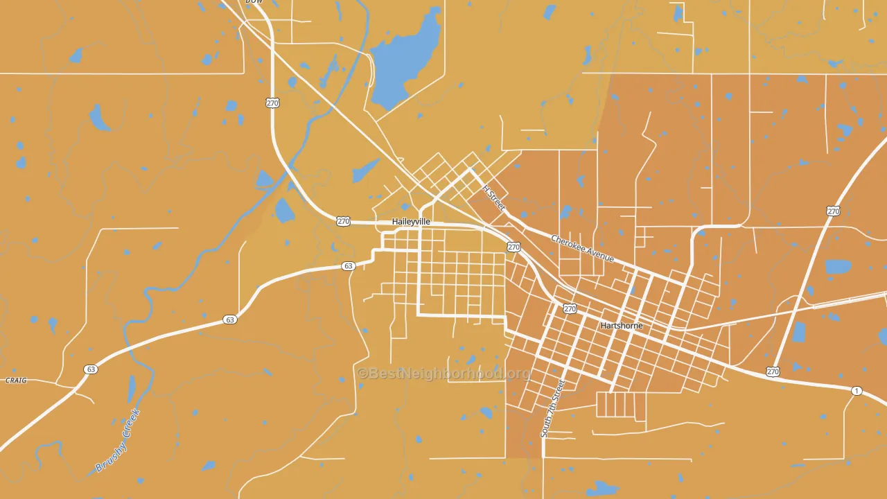 Map of the best neighborhoods in the 74546 area, with better matches in green and worse matches in red