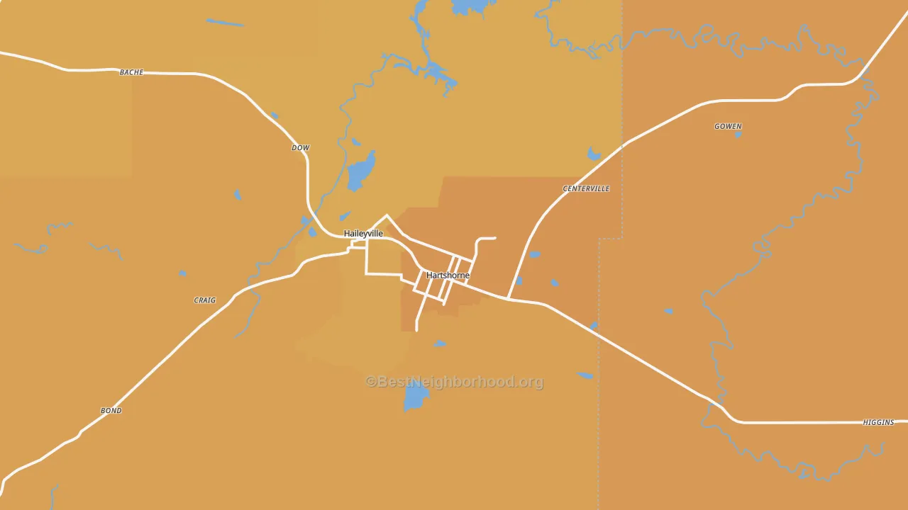 Map of the best neighborhoods in the 74547 area, with better matches in green and worse matches in red