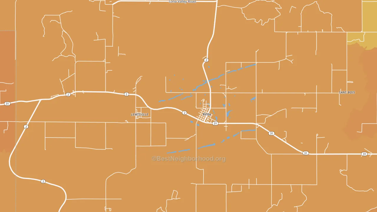 Map of the best neighborhoods in the 74552 area, with better matches in green and worse matches in red