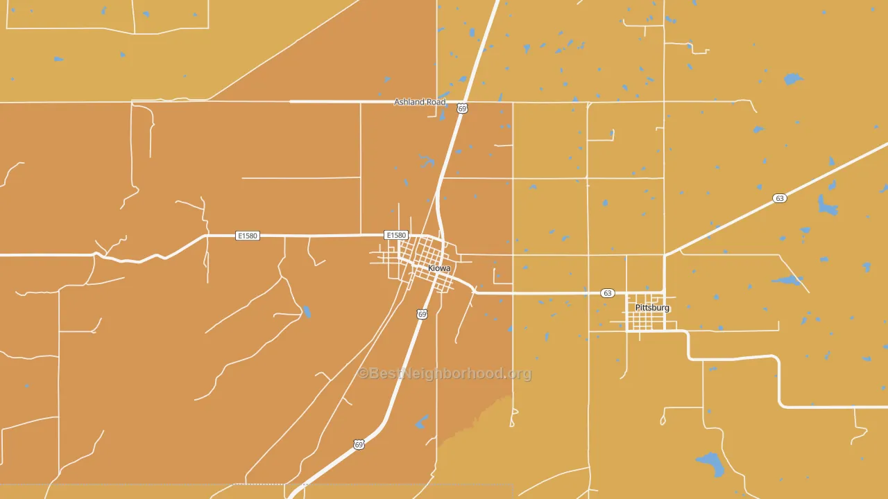 Map of the best neighborhoods in the 74553 area, with better matches in green and worse matches in red