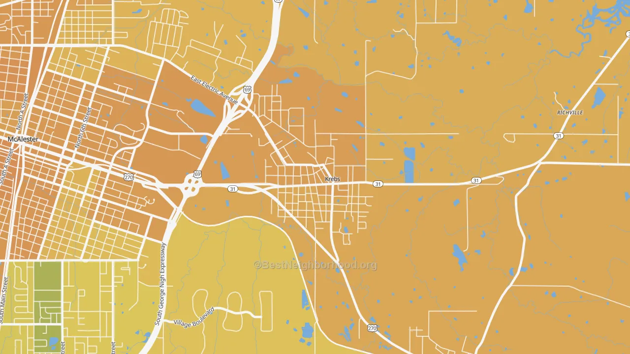 Map of the best neighborhoods in the 74554 area, with better matches in green and worse matches in red