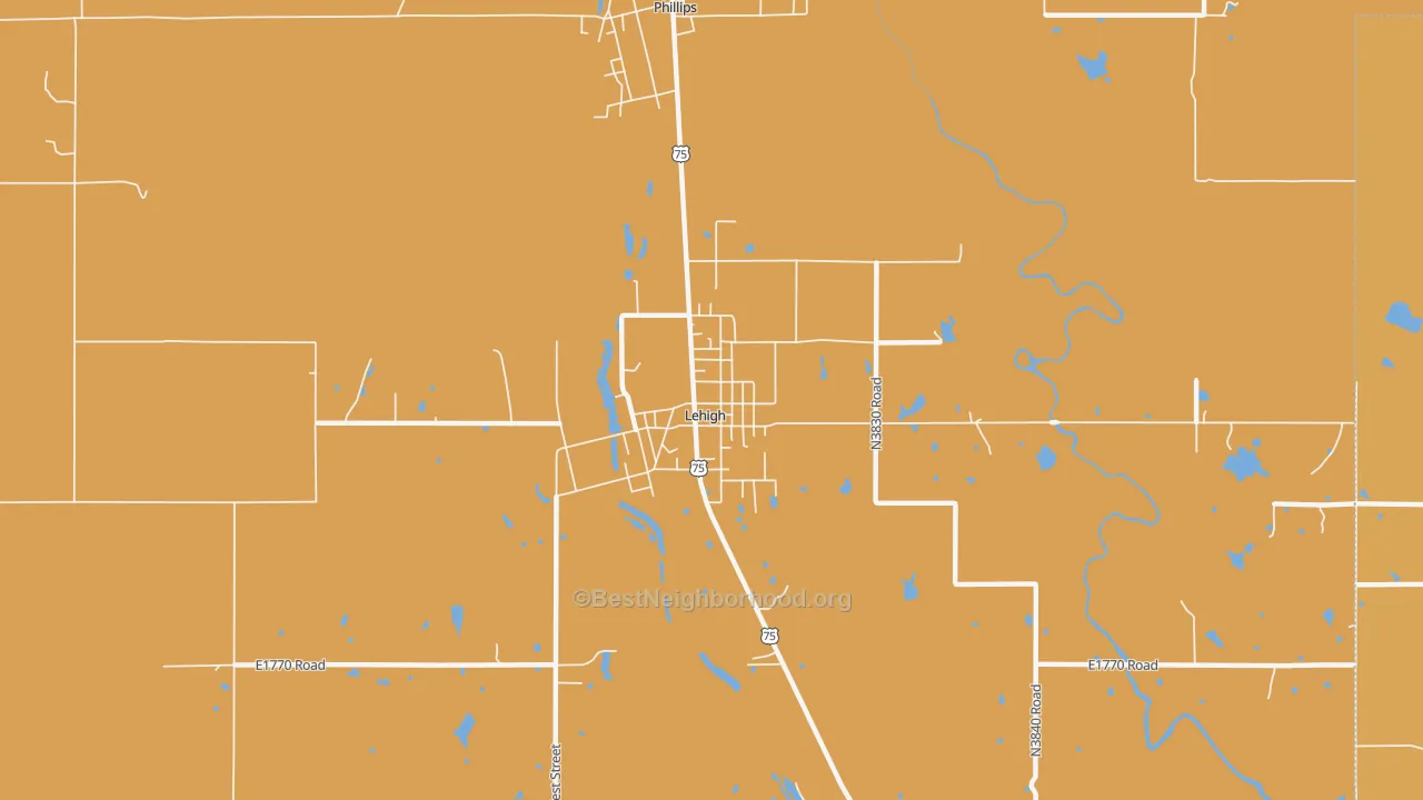 Map of the best neighborhoods in the 74556 area, with better matches in green and worse matches in red