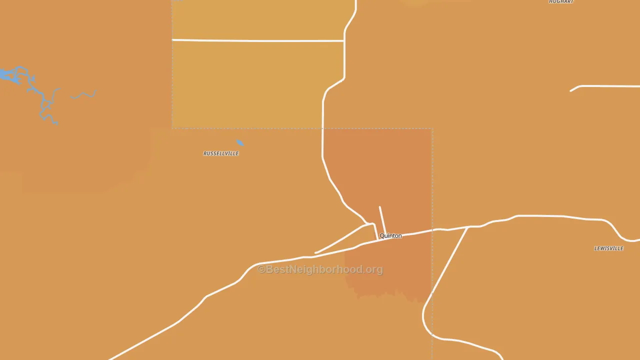 Map of the best neighborhoods in the 74561 area, with better matches in green and worse matches in red