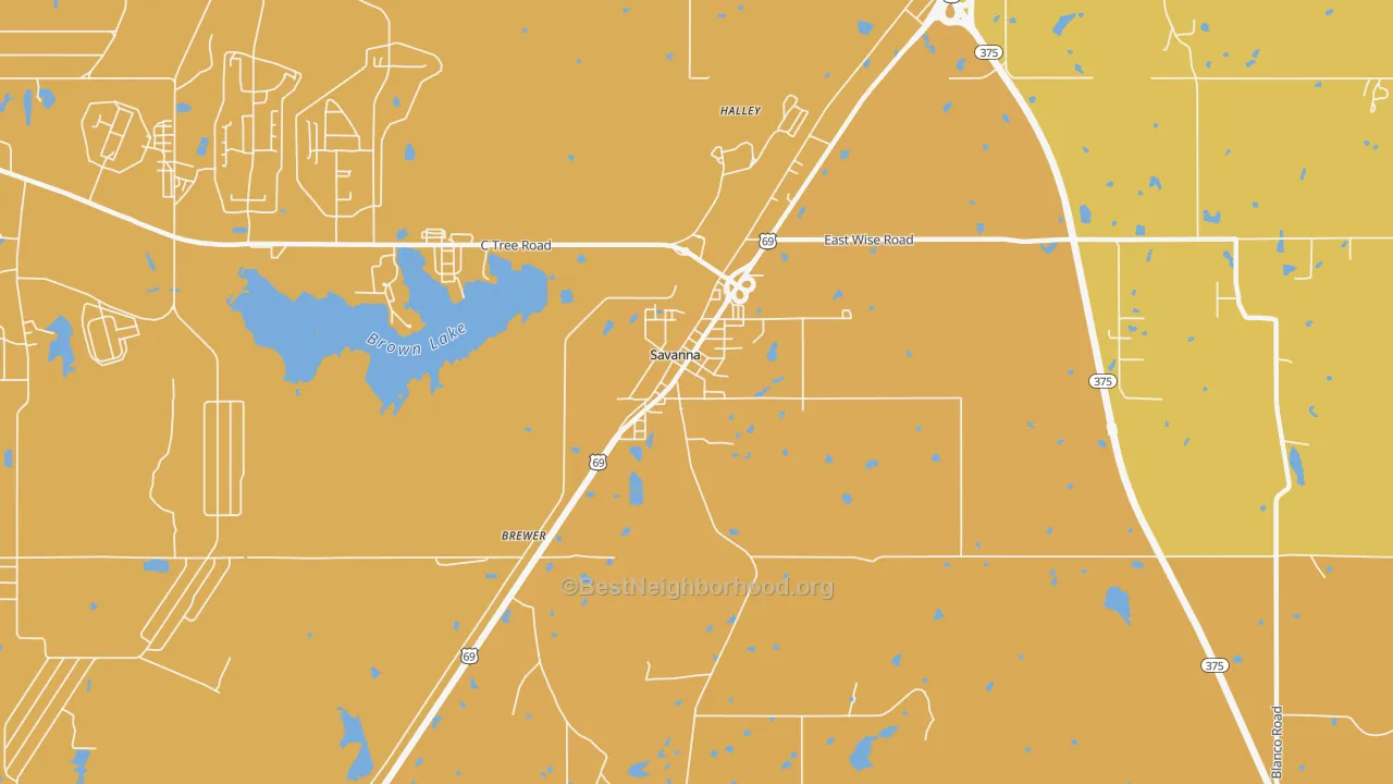 Map of the best neighborhoods in the 74565 area, with better matches in green and worse matches in red
