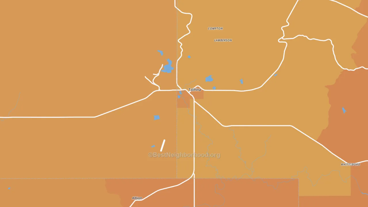 Map of the best neighborhoods in the 74571 area, with better matches in green and worse matches in red