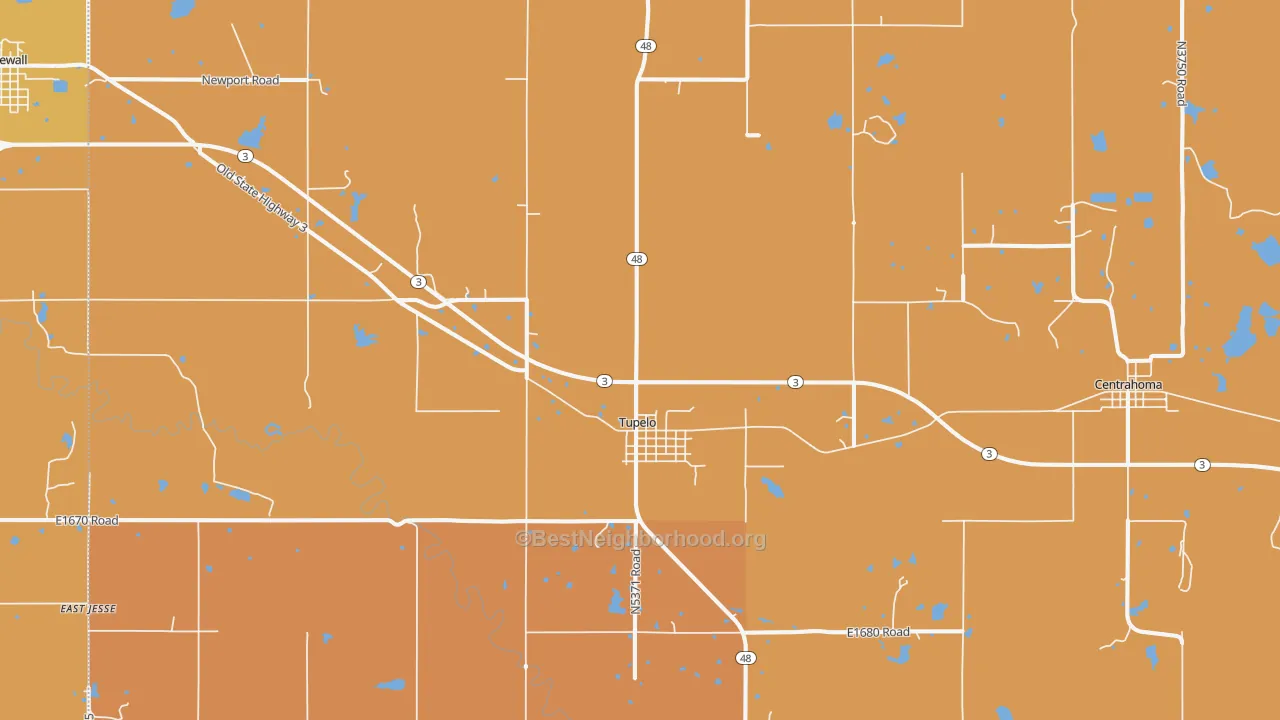 Map of the best neighborhoods in the 74572 area, with better matches in green and worse matches in red