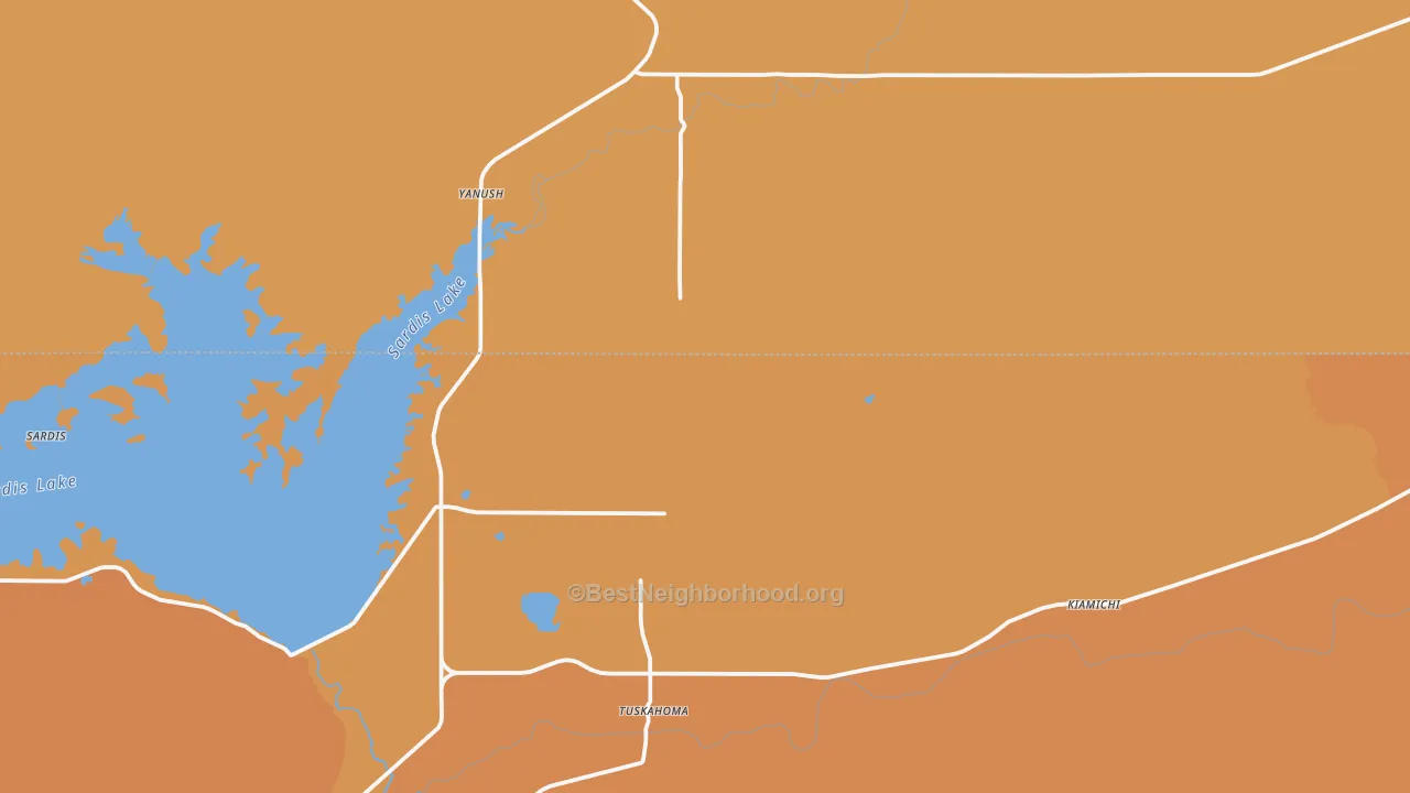 Map of the best neighborhoods in the 74574 area, with better matches in green and worse matches in red