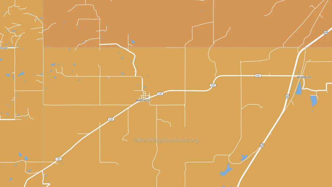 Map of the best neighborhoods in the 74576 area, with better matches in green and worse matches in red
