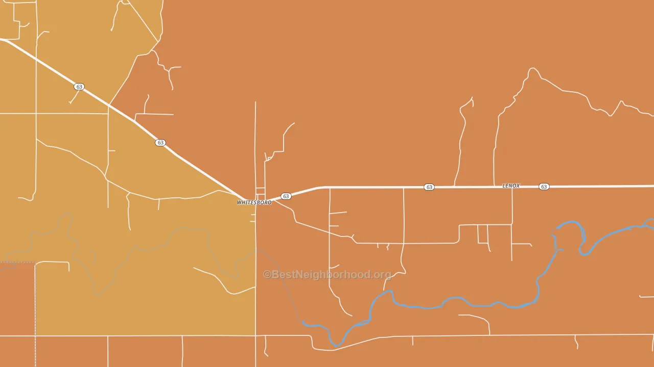 Map of the best neighborhoods in the 74577 area, with better matches in green and worse matches in red